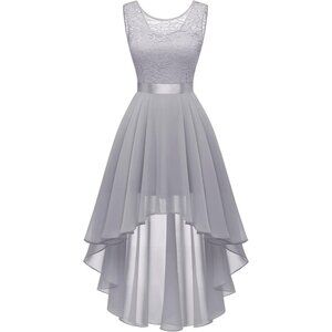 BeryLove Women Grey Chiffon Scoop Neck Sleeveless Lace Cocktail Dress